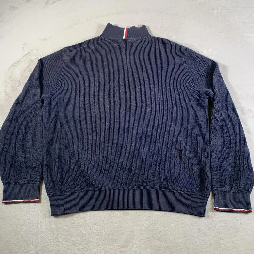 Tommy Hilfiger Sweater Mens XL Navy Blue 1/4 Zip‎ Pullover 100% Cotton Rib Knit
